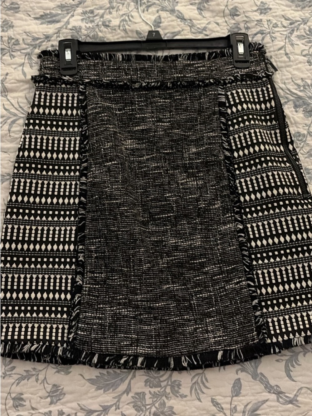 French Connection Black & White Patterned Fringe Mini Skirt